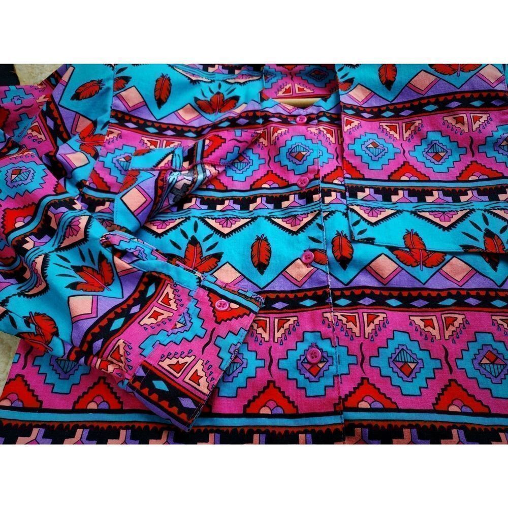 Vtg 1980s 90s NAVAJO Turquoise Pink ALL-OVER Print BRUSHPOPPER Rodeo Shirt Sz S - Picture 5 of 8